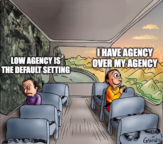 버스 안에서 “LOW AGENCY IS THE DEFAULT SETTING”이라며 우는 사람과 “I HAVE AGENCY OVER MY AGENCY”라며 웃는 사람을 그린 밈