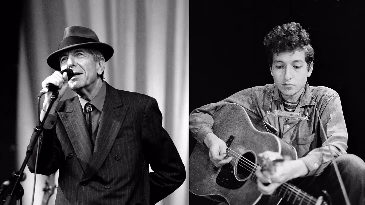 Leonard Cohen과 Bob Dylan 흑백 사진